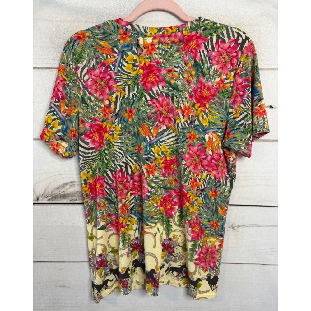 Johnny Was Floral Tropical V-Neck Tee in Pink, Yellow, Green - Picture 6 of 7